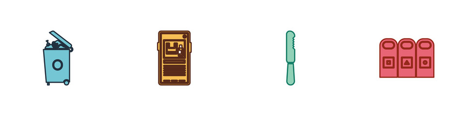 Poster - Set Trash can, Stop plastic pollution, Disposable knife and in garbage cans sorted icon. Vector