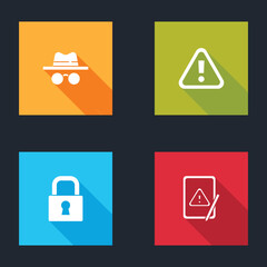 Poster - set incognito mode, exclamation mark in triangle, lock and tablet with exclamation icon. vector