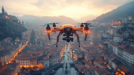 Poster - Drone delivering packages over a picturesque city at sunset enhancing delivery efficiency