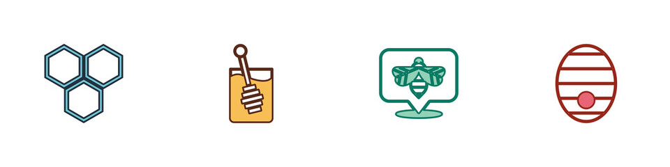 Poster - set honeycomb, dipper stick, bee and hive for bees icon. vector