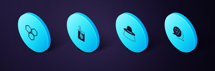 Poster - set isometric honeycomb, beekeeper with protect hat, dipper stick and icon. vector