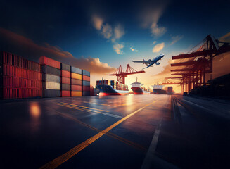 Poster - A vibrant sunset illuminates a bustling cargo port, showcasing container ships, cargo planes, and cranes actively involved in global trade and logistics.