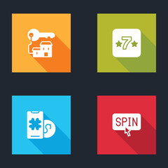 Poster - Set Winning house with key, Casino slot machine, Online poker table game and Slot spin button icon. Vector