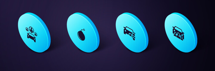 Poster - set isometric car sharing, , bomb ready to explode and icon. vector