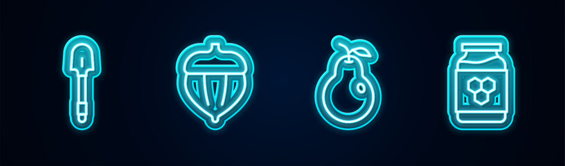 Poster - set line shovel, acorn, pear and jar of honey. glowing neon icon. vector