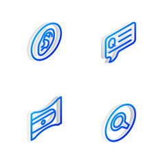 Poster - set isometric line speech bubbles with question, ear listen sound signal, pencil sharpener and magni