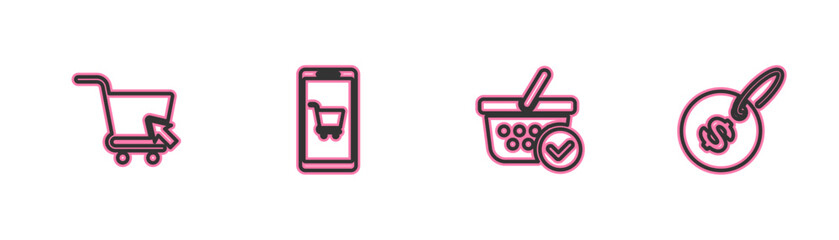 Poster - set line shopping cart with cursor, basket check mark, mobile and shopping and price tag dollar icon