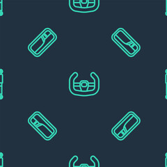 Poster - set line sport steering wheel, car door handle and shock absorber on seamless pattern. vector