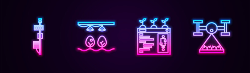 Poster - set line standalone sensor, smart farm with bulb plant, farming technology and drone. glowing neon i