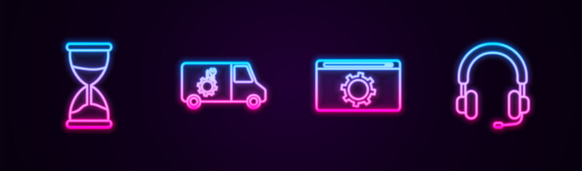Poster - Set line Hourglass, Car service, Setting and Headphones. Glowing neon icon. Vector