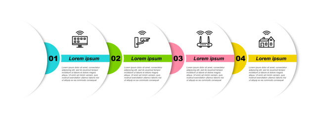 Poster - set line smart tv system, security camera, router and wi-fi signal and home with wireless. business 