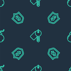 Poster - set line marked key, shield with dollar and bomb ready to explode on seamless pattern. vector