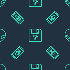 Poster - Set line Unknown document, Mobile recording and Alien on seamless pattern. Vector