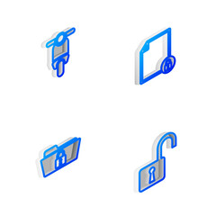 Poster - set isometric line document and lock, scooter, folder and open padlock icon. vector