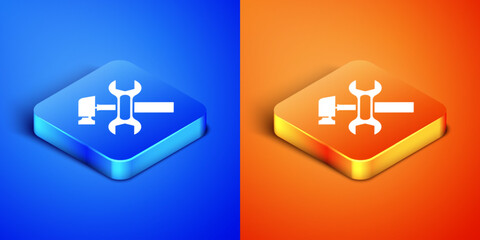 Poster - Isometric Crossed hammer and wrench spanner icon isolated on blue and orange background. Hardware tools. Square button. Vector