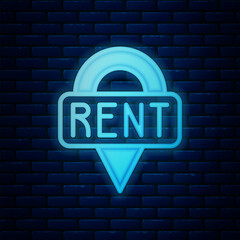 Poster - glowing neon location key icon isolated on brick wall background. the concept of the house turnkey. 