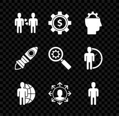 Poster - Set Project team base, Gear with dollar symbol, Human gear inside, Globe and people, User of business suit, Rocket ship fire and Magnifying glass icon. Vector