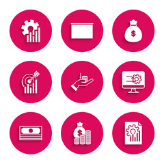 Poster - set money on hand, bag coin, document with graph chart, computer monitor, stacks paper money cash, t