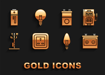 Poster - Set Electrical outlet, panel, Car battery, Light bulb, High voltage power pole line, Battery and icon. Vector