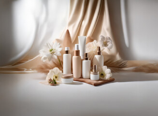 Poster - Elegant skincare products displayed on a wooden surface, adorned with flowers and draped with luxurious fabric.  The minimalist setting highlights the products' clean aesthetic.