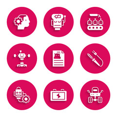Poster - Set Technical specification, Battery, Mars rover, Soldering iron, Robot setting, Disassembled robot, Industrial production of robots and Humanoid icon. Vector