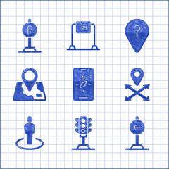 Poster - Set Compass on mobile, Traffic light, sign turn left, Location, with person, Folded map location marker, Unknown route point and Parking icon. Vector