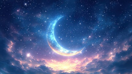 crescent moon, starry night, dreamy clouds.