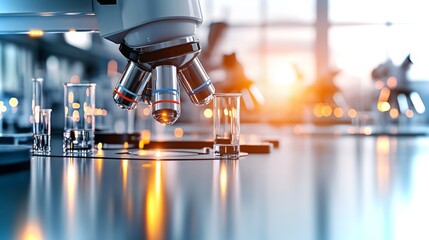 Poster - Advanced laboratory setup with microscope and glassware during golden hour glow