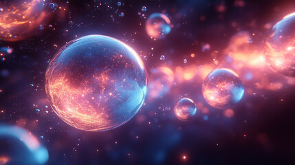 Wall Mural - cosmic spheres in glowing blue and orange light, surrounded by misty space and stardust.