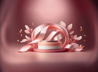 Poster - Elegant pink podium adorned with swirling ribbons, delicate leaves, and gold accents.  A sophisticated display perfect for product showcasing.