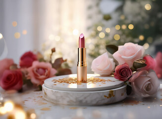 Poster - A single tube of pink lipstick stands elegantly on a marble display, surrounded by soft pink roses and gold glitter, creating a luxurious and romantic atmosphere.