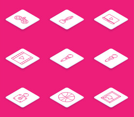 Poster - Set line Gamepad, Feather and inkwell, Online play video, Play Video, Microphone, Joystick for arcade machine, and Basketball ball icon. Vector