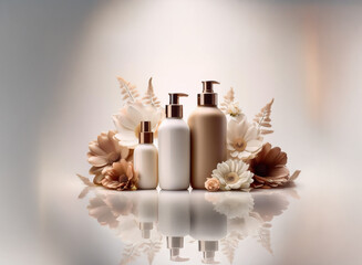 Poster - Elegant skincare bottles in white and beige, adorned with delicate artificial flowers, reflect on a glossy surface.  The image conveys luxury and natural beauty.