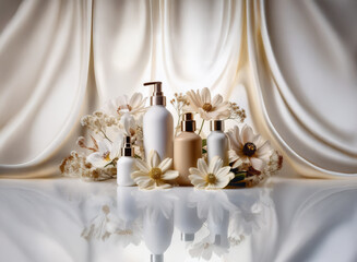 Poster - Elegant cream-colored bottles and pumps, nestled amongst delicate white flowers, are beautifully displayed against a flowing silk backdrop.  The reflective surface enhances the luxurious feel.