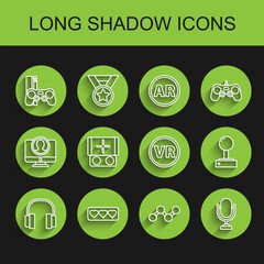 Poster - Set line Headphones, Like and heart, Game console with joystick, Share, Microphone, Portable video game, Joystick for arcade machine and Virtual reality glasses icon. Vector