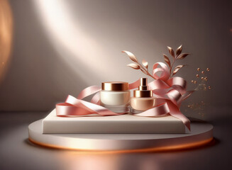 Poster - Elegant skincare products displayed on a minimalist podium, adorned with a delicate pink ribbon and gold accents.  Soft lighting enhances the luxurious feel.