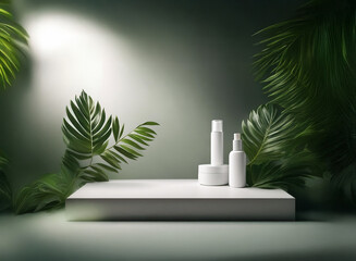 Poster - Elegant white cosmetic containers sit on a minimalist platform, surrounded by lush tropical greenery under soft lighting.  The scene evokes a feeling of natural beauty and product purity.