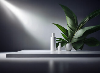 Poster - Elegant, minimalist product display.  White cosmetic containers sit on a sleek surface, illuminated by a spotlight, alongside lush green tropical leaves in a simple white pot.  A sophisticated and cle