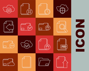 Poster - Set line Upload file document, PSD, Document with search, clock, folder and check mark, Next page arrow, Cloud download upload and Delete icon. Vector