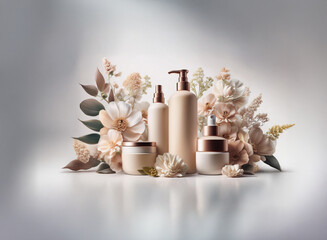 Poster - Elegant skincare and beauty products displayed amidst a delicate arrangement of beige and white flowers.  The neutral tones create a serene and luxurious aesthetic.