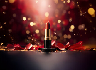 Poster - A single tube of rich red lipstick sits on a dark surface, surrounded by scattered rose petals and glittering bokeh.  The scene is luxurious and romantic.