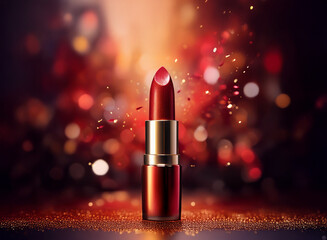 Poster - A single tube of rich red lipstick sits on a glittering surface, surrounded by a festive burst of red confetti and bokeh lights.  The luxurious product is the clear focus, suggesting elegance and cele