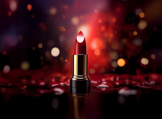 Poster - A single, vibrant red lipstick stands elegantly on a dark, reflective surface, surrounded by blurred red bokeh lights.  The pointed tip is sharply defined, suggesting a luxurious, high-quality product