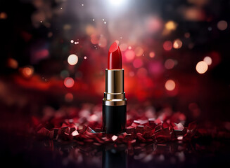 Poster - A single tube of vibrant red lipstick stands amidst a bed of red confetti, dramatically lit against a bokeh background.  The scene evokes glamour and celebration.