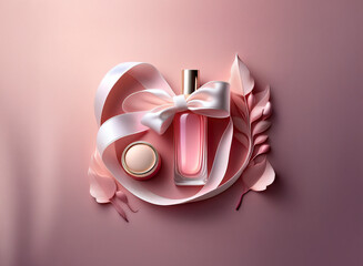 Aufkleber - Elegant pink perfume bottle with satin ribbon bow and cream jar, surrounded by delicate paper leaves on a blush pink background.  A gift-like presentation.
