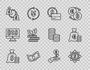Poster - Set line Money bag, Dollar, share, network, Credit card, Stacks paper money cash, Currency exchange, plant, and Coin with euro symbol icon. Vector