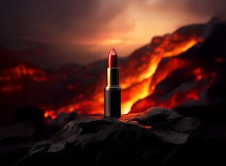 Aufkleber - A single red lipstick stands tall against a fiery volcanic backdrop.  Its bold color contrasts with the intense, dark landscape.