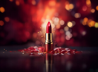Poster - A single tube of vibrant red lipstick stands amidst scattered rose petals, reflected in a dark, shiny surface.  Red bokeh lights create a dramatic, luxurious backdrop.