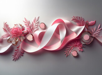 Poster - Elegant pink ribbon, blush compacts, and sculpted floral elements arranged on a light gray background.  A delicate and luxurious composition.