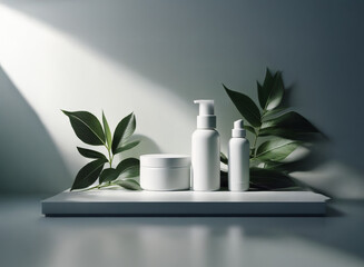 Fototapete - Sunlight illuminates minimalist white skincare products arranged on a clean platform with lush green leaves.  A serene and natural aesthetic.